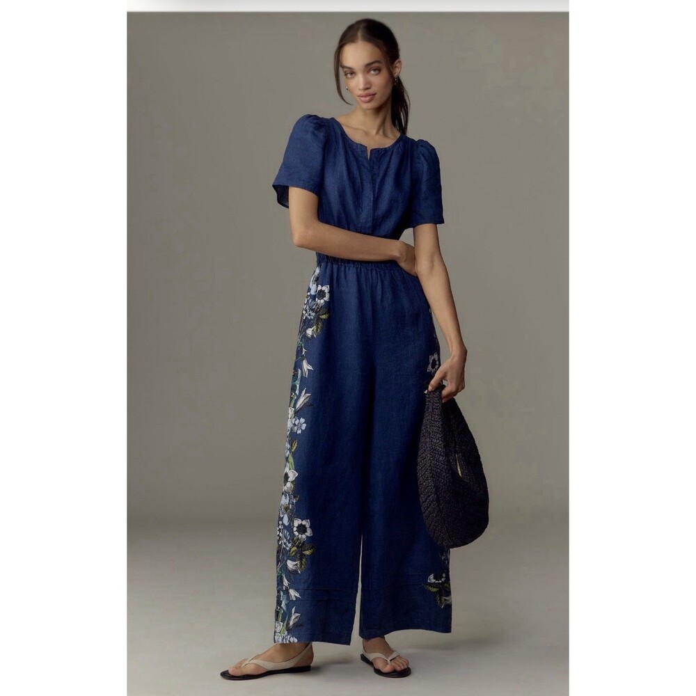 Anthropologie Jumpsuit Somerset Linen Blue Floral Retro Boho Preppy Medium NWT - Picture 3 of 14